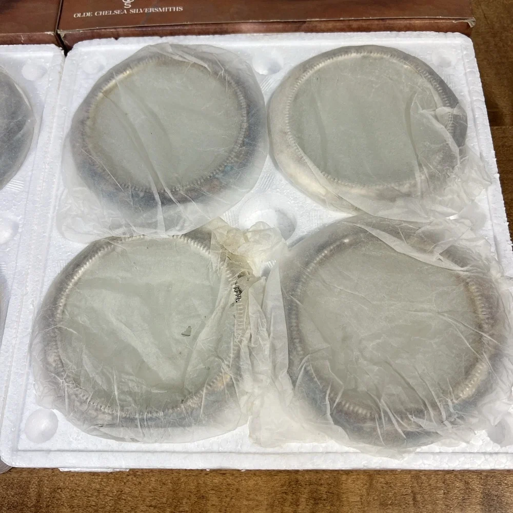 Olde Chelsea Silversmiths Silver plated Glass Coasters Set Of 8 Open Box - Read!